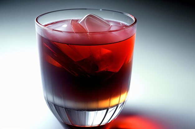 Szklanka czerwonego płynu z kostkami lodu