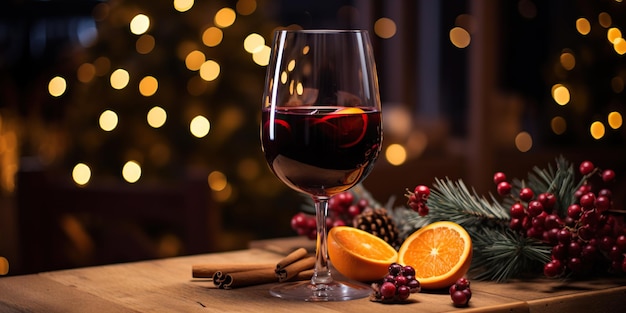 Szklanka czerwonego wina, kawałek pomarańczy i gałęzie jęczmienia z czerwonymi jagodami na drewnianym stole na tle migoczących świateł.