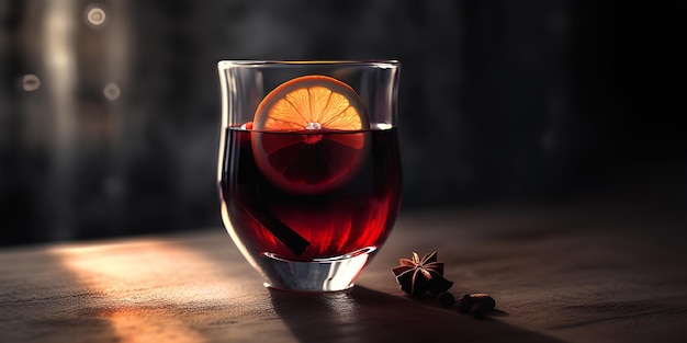 Szklanka gorącego wina na drewnianym stole na ciemnym tle