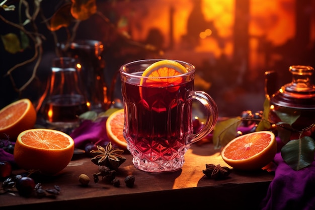 Szklanka gorącego wina z kawałkiem pomarańczy i cynamonu Jesień estetyka
