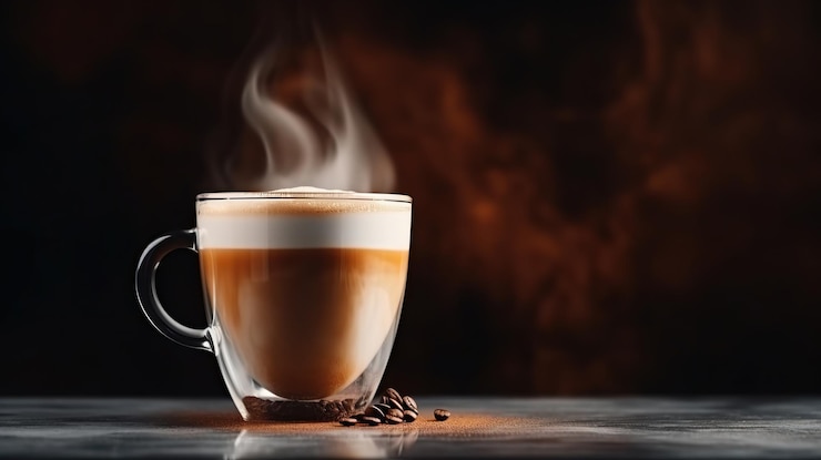 Zdjęcie szklanka gorącej parzącej kawy latte