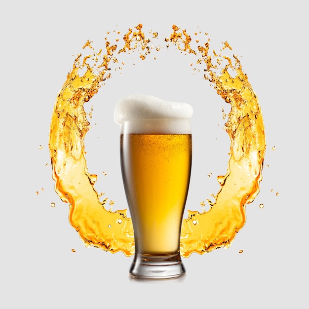 Szklanka jasnego piwa na tle bryzgającego znaku logo