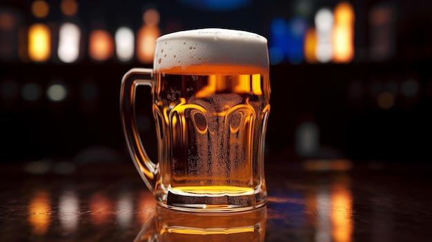 Zdjęcie szklanka jasnego piwa w ciemnym pubie bliska napój alkoholowy generative ai
