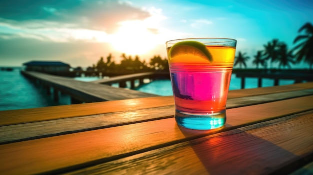 Szklanka koktajlu jest umieszczana na stole przy podróży morskiej i wygenerowanej AI na wakacjach