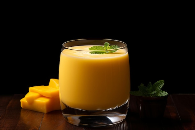 Zdjęcie szklanka koktajlu z punczem mango ozdobionym kawałkiem mango