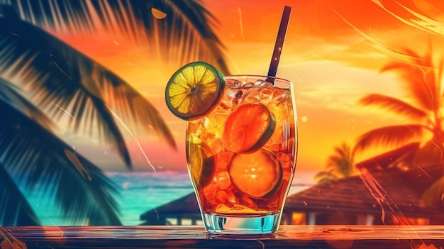 Szklanka koktajlu ze słomką na tle tropikalnego zachodu słońca