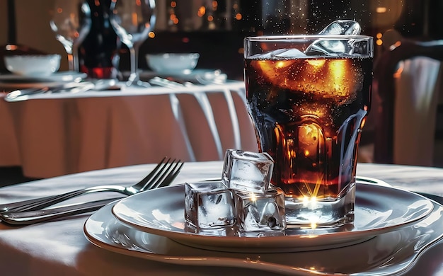 Szklanka koly z lodem na stole.