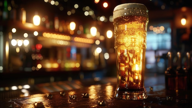 Szklanka lekkiego piwa w ciemnym pubie.