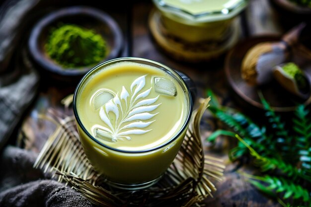 Szklanka lodowego matcha latte z rysunkiem liścia