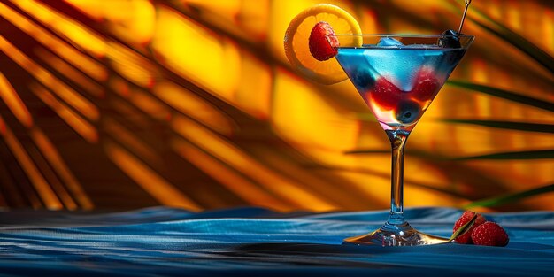 szklanka martini z niebieskimi i czerwonymi jagodami na dnie