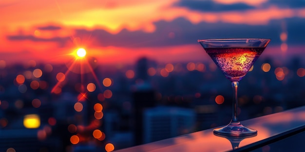 Szklanka martini znajduje się na górze stołu, uchwycając elegancką atmosferę i efekt bokeh stworzony przez światła miasta