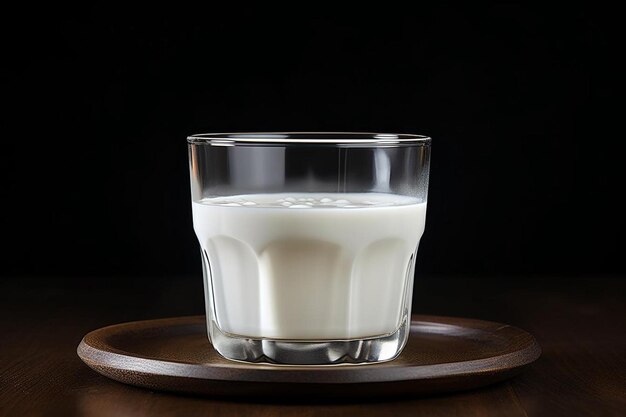 Szklanka mleka jest na drewnianej tacce.