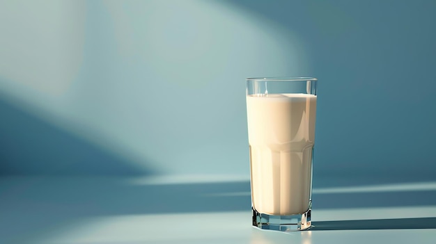 Szklanka mleka na niebieskim tle Mleko jest świeże i kremowate, a szklanka jest czysta i przezroczysta.
