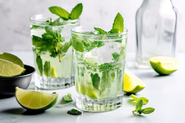 Szklanka mojito z limonkami i listkami mięty na boku