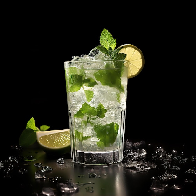 Szklanka mojito z limonkami i listkami mięty wygenerowana przez sztuczną inteligencję