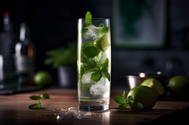 Szklanka mojito z lodem i limonkami na drewnianym stole.