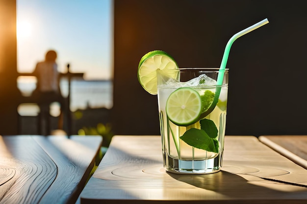 Szklanka mojito ze słomką i limonką na stole