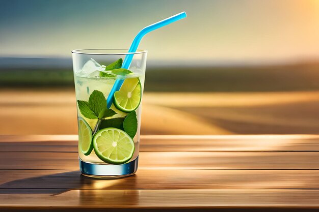 Szklanka mojito ze słomką na plaży