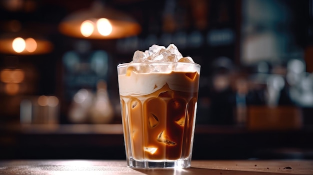 Szklanka mrożonej kawy stoi na blacie barowym z barem w tle.