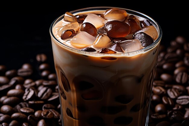 Szklanka mrożonej kawy z lodem i ziarnami kawy