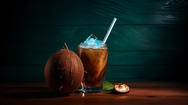 szklanka napoju owocowego kokosowego na niebieskim stole Generative Ai