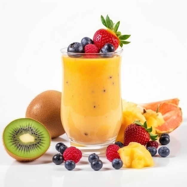 Szklanka owoców z owocami i filiżanka smoothie z mango.