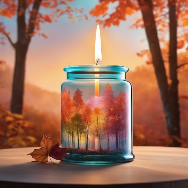 szklanka ozdobiona drzewami ze świecą w środku i jesiennymi drzewami w tle