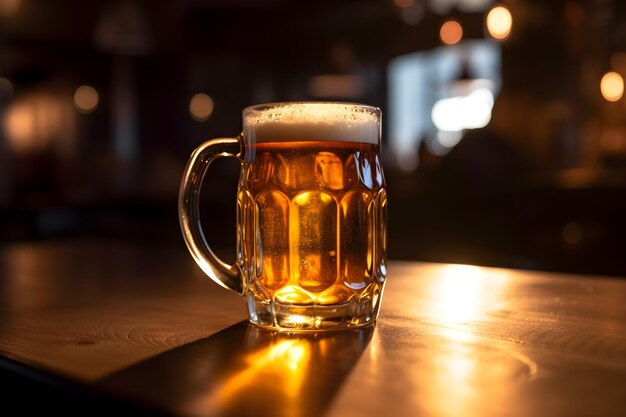 Szklanka piwa na blacie barowym w pubie lub restauracji