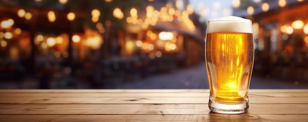 Szklanka piwa na drewnianym stole w pubie Rozmycie tła Kopiowanie miejsca Baner Generatywna ai