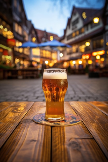 Szklanka piwa na drewnianym stole w pubie Rozmycie tła Kopiowanie miejsca Baner Generatywna ai
