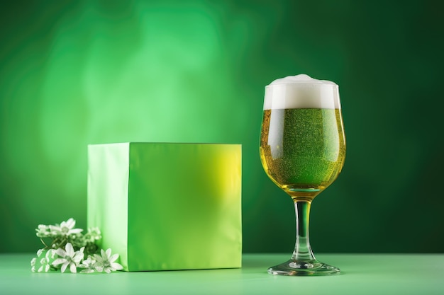 Szklanka piwa na zielonym tle Dzień Świętego Patryka Pudełko z kokardą na zielonym tle