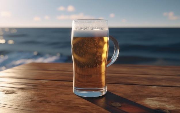 Szklanka piwa typu lager na stole na letnim barze na plaży w tle lekkiego piwa ilustracja ai generowana