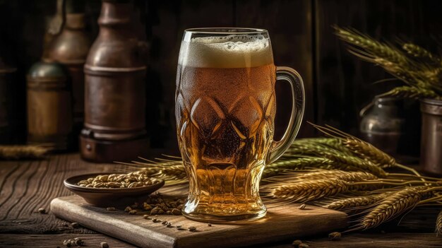 Szklanka piwa z pszenicą na drewnianym tle