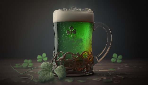 Szklanka piwa z zielonym piwem i koniczynami.