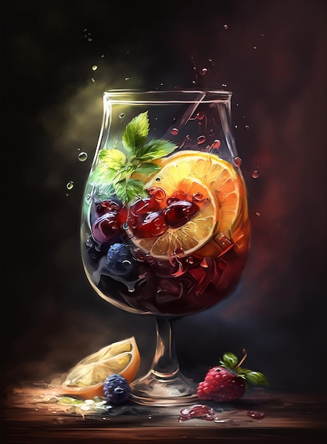 Szklanka płynu z płynem i owocami.