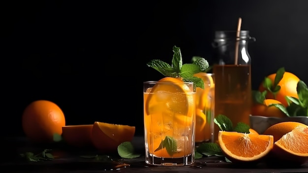 Szklanka pomarańczowego koktajlu z plasterkiem pomarańczy na boku