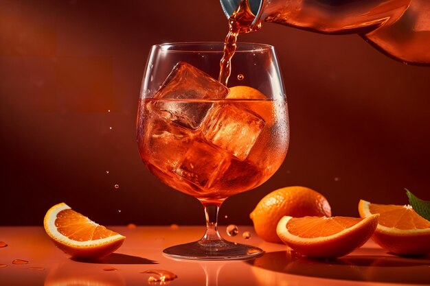 Szklanka pomarańczowego koktajlu z wlewaną do niej butelką alkoholu.