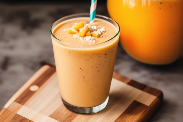 Szklanka pomarańczowego smoothie ze słomką i słomką z napisem mango.