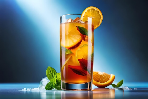 Szklanka pomarańczowej herbaty z lodem i plasterkami pomarańczy na boku.