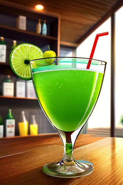 Szklanka pysznego zielonego napoju z owoców kiwi na kuchennym stole