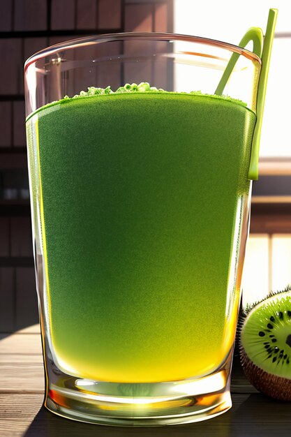 Zdjęcie szklanka pysznego zielonego napoju z owoców kiwi na kuchennym stole