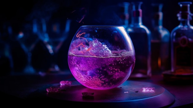 Szklanka różowego płynu stoi na stole z butelką alkoholu w tle.