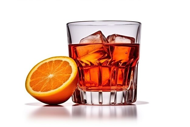 Szklanka smacznego alkoholowego koktajlu negroni z kawałkiem pomarańczy