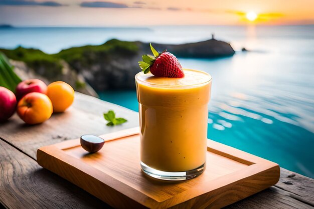 Szklanka smoothie z mango z truskawką na wierzchu