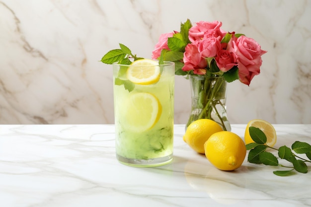 Zdjęcie szklanka soczystej zielonej limonady i róże na marmurowej powierzchni