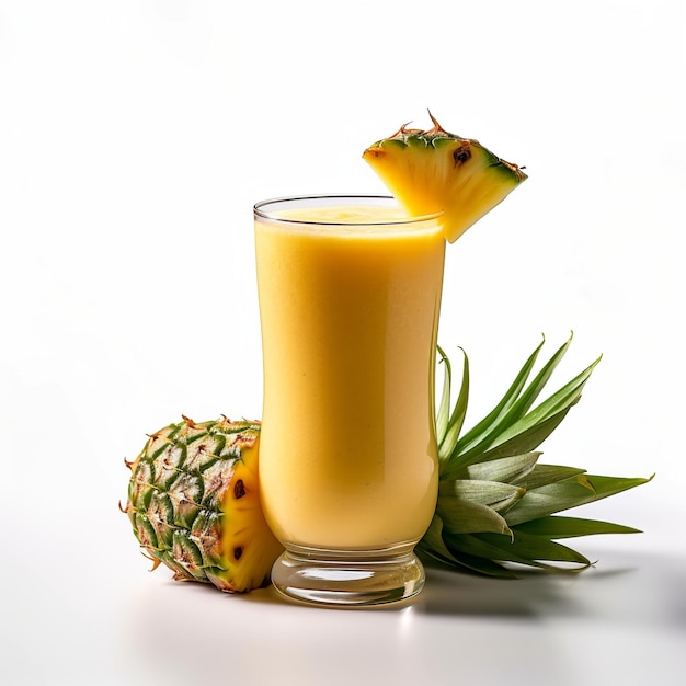 Szklanka soku ananasowego z ananasem na wierzchu.
