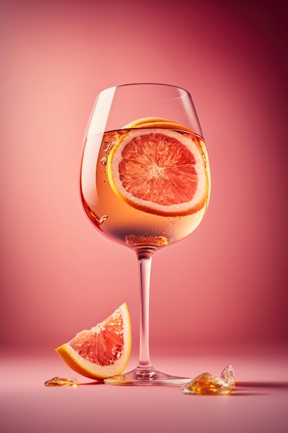 Szklanka soku grejpfrutowego z plasterkiem pomarańczy na dnie.