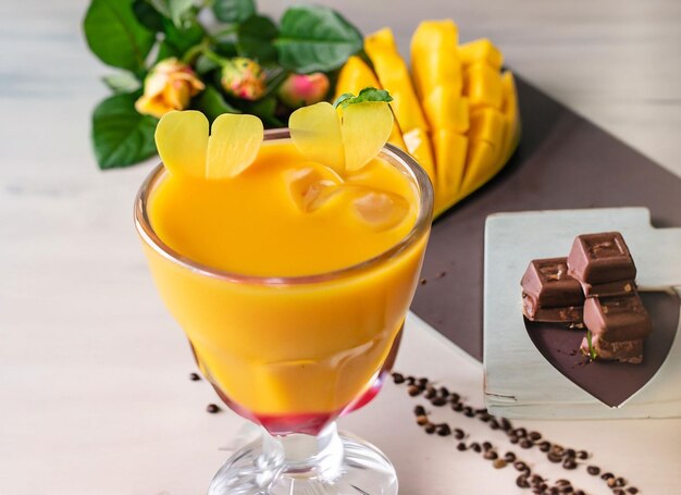 Szklanka soku mango w lecie z liśćmi mięty