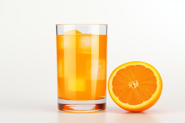 Zdjęcie szklanka soku pomarańczowego i świeży owoc na podłodze z kostkami lodu