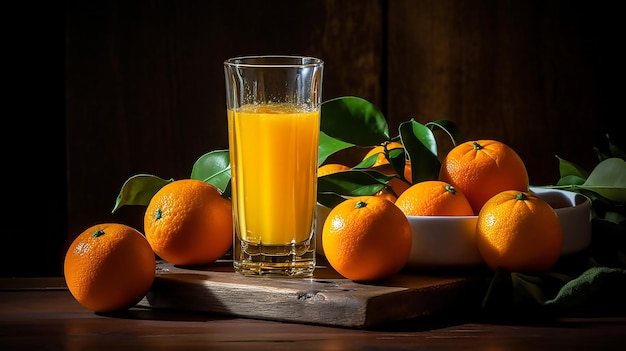 Szklanka soku pomarańczowego obok miski z pomarańczami.